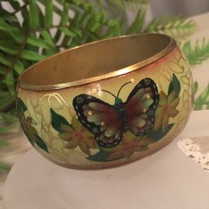 Vintage Floral And Butterfly Enameled Brass Bracelet